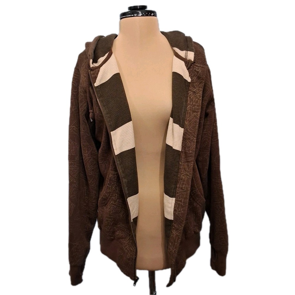 Planet Earth Skate Hoodie Mens Sz S Streetwear Thermal Brown‎ Embroidered  AOP